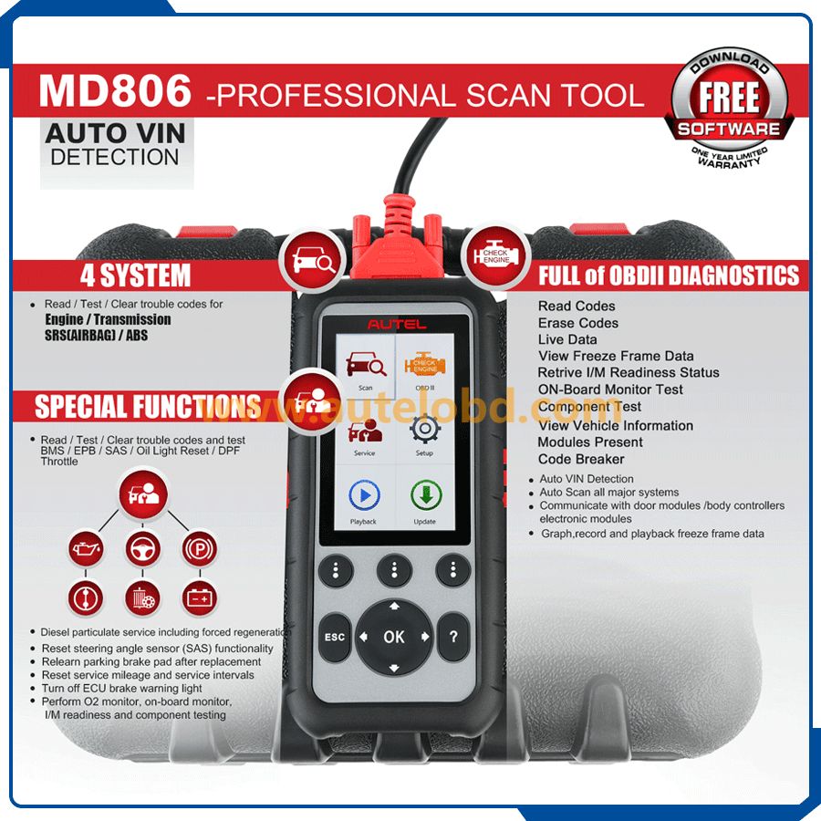 Autel MaxiDiag MD806 OBD2 Code Reader Scanner Auto Car Diagnostic Tool 4 System Upgraded Version PK MD802 MD808